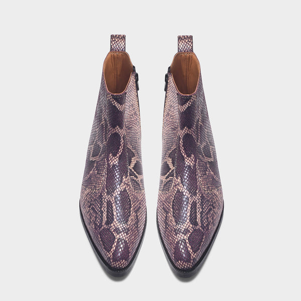 Python snake-patterned Chelsea boots with side zipper and mid heel