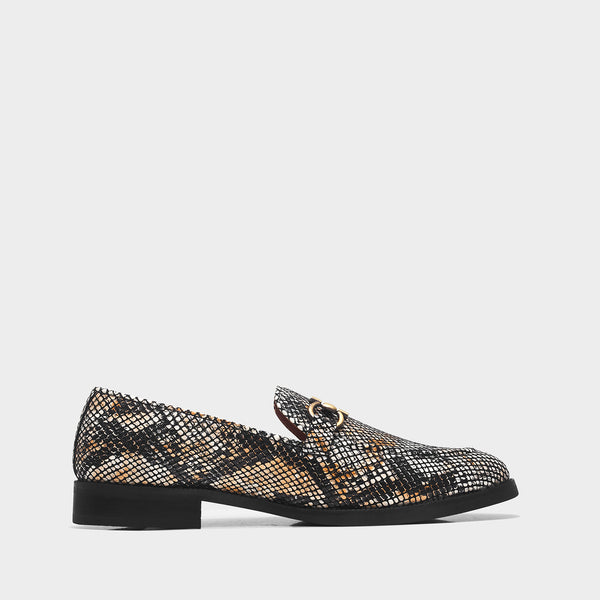 Golden and black snake-patterned penny loafer shoe on mid heel with a horsebit buckle