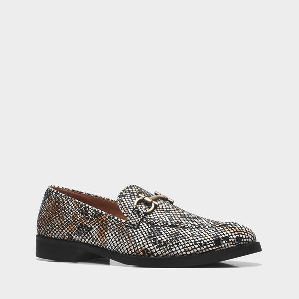 Golden and black snake-patterned penny loafer shoe on mid heel with a horsebit buckle