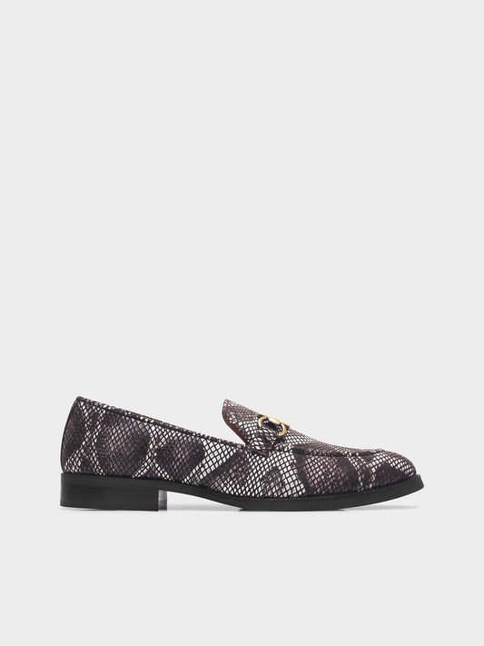 Brown and white snake-patterned penny loafer shoe on mid heel with a horsebit buckle