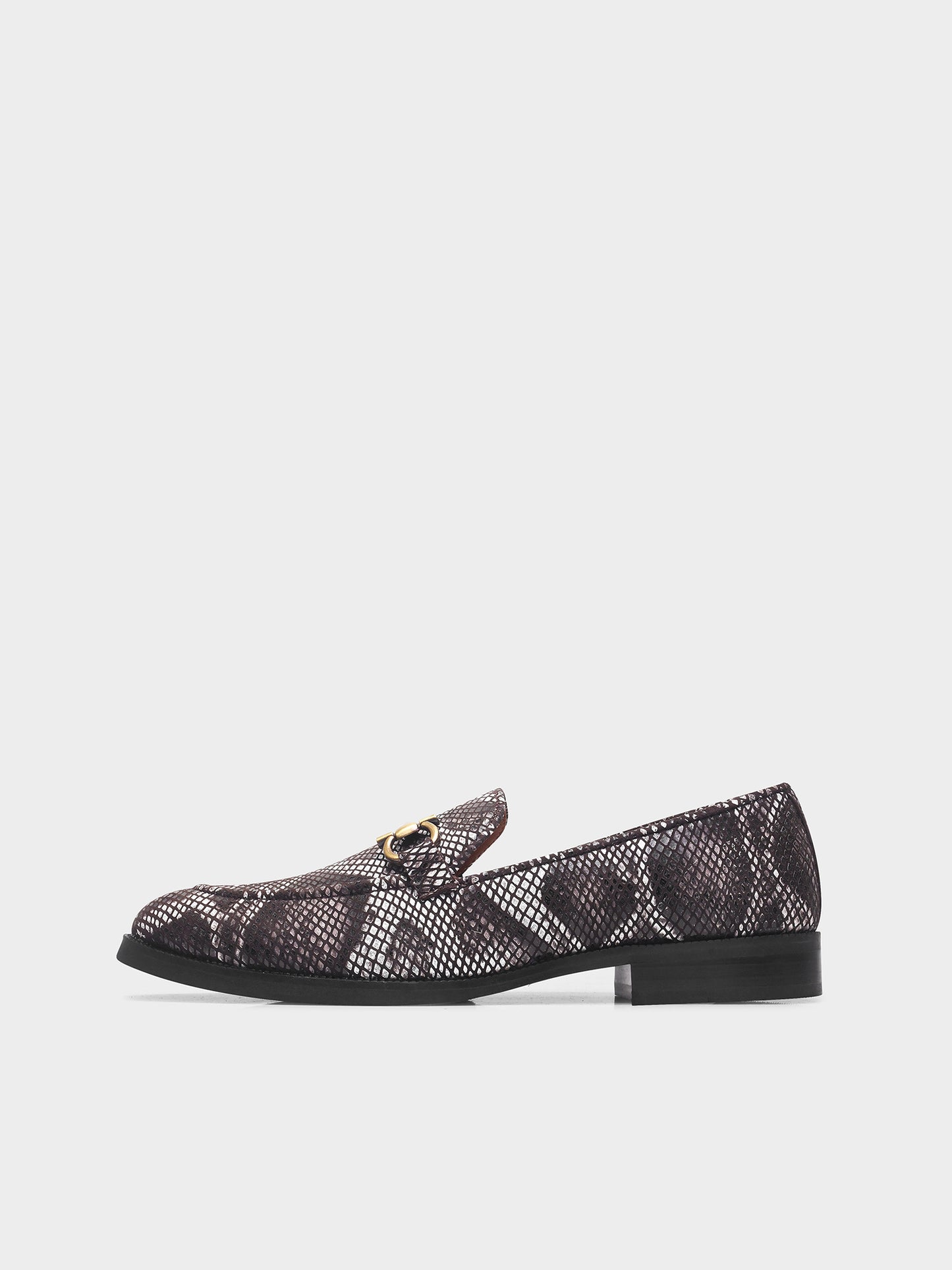 Brown and white snake-patterned penny loafer shoe on mid heel with a horsebit buckle