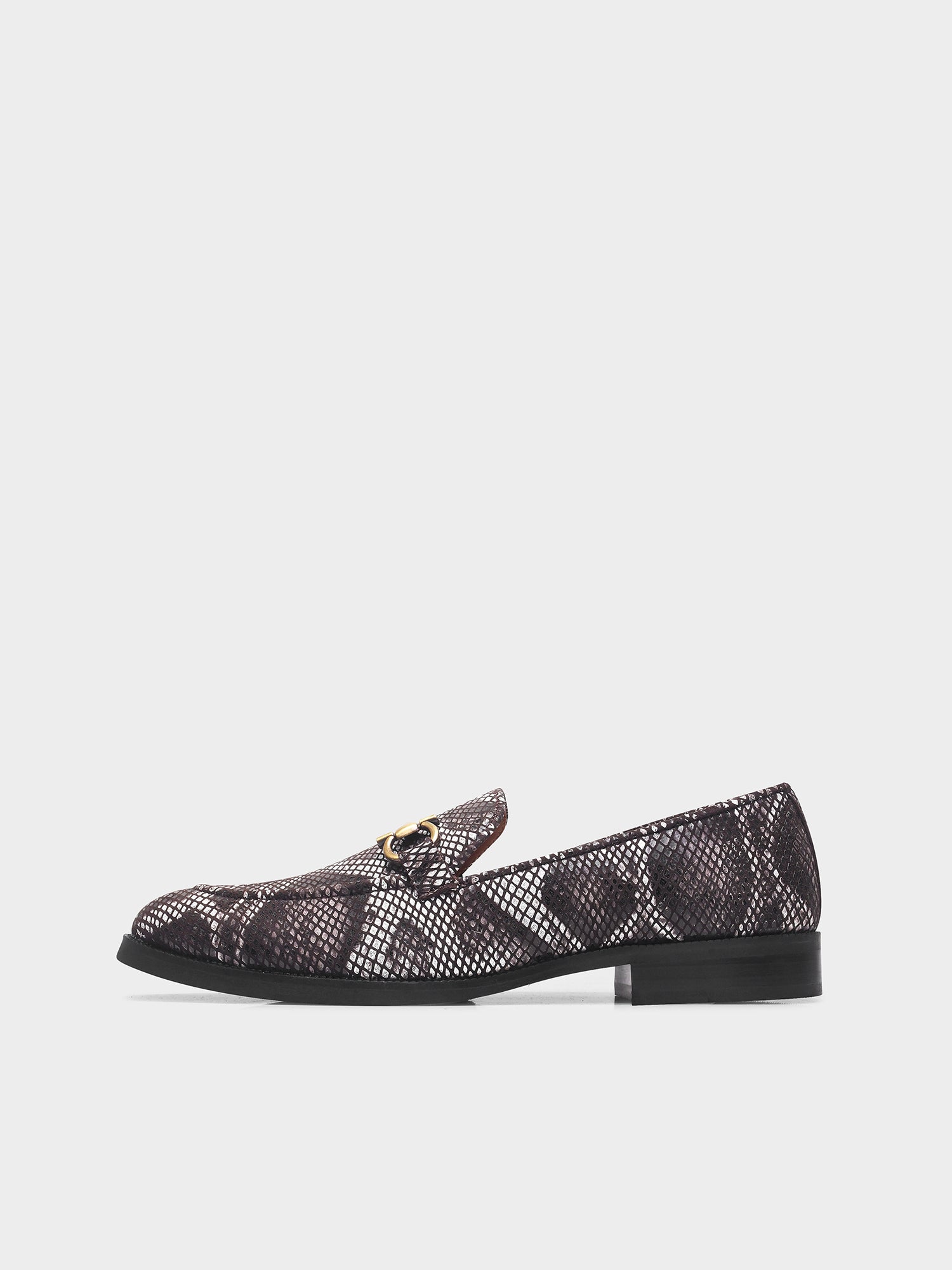 Brown and white snake-patterned penny loafer shoe on mid heel with a horsebit buckle