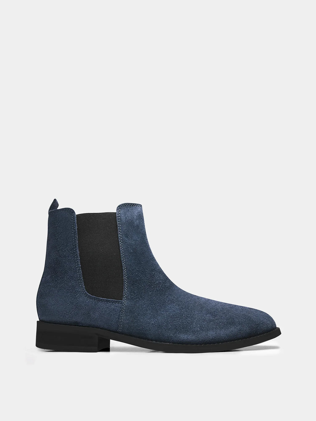 Preview of A men's luxury suede leather Chelsea boot with a cuban heel and elastic side panels, in a blue color.