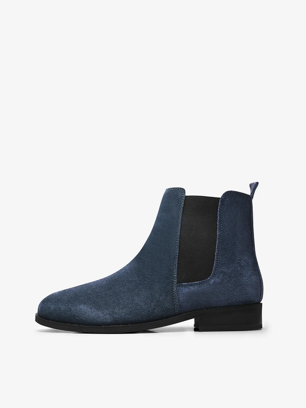Preview of A men's luxury suede leather Chelsea boot with a cuban heel and elastic side panels, in a blue color.