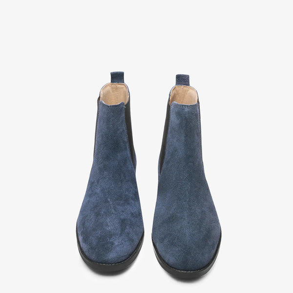 A men's luxury suede leather Chelsea boot with a cuban heel and elastic side panels, in a blue color.