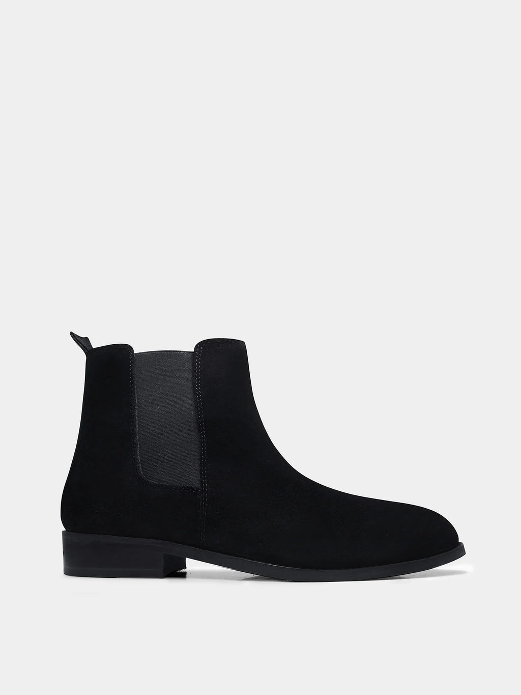 Preview of A men's luxury suede leather Chelsea boot with a mid heel and elastic side panels, in a black color.
