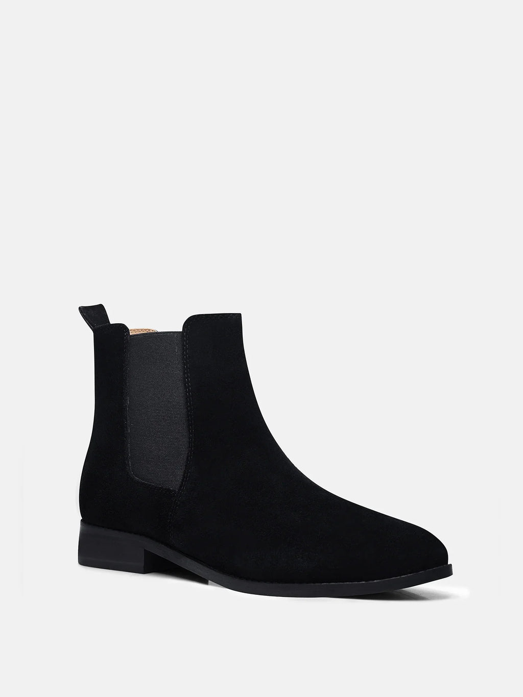 Preview of A men's luxury suede leather Chelsea boot with a mid heel and elastic side panels, in a black color.