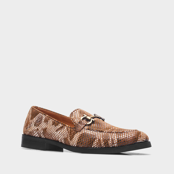 Brown snake-patterned penny loafer shoe on mid heel with a horsebit buckle