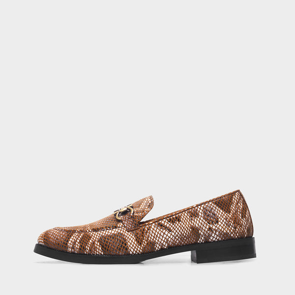 Brown snake-patterned penny loafer shoe on mid heel with a horsebit buckle