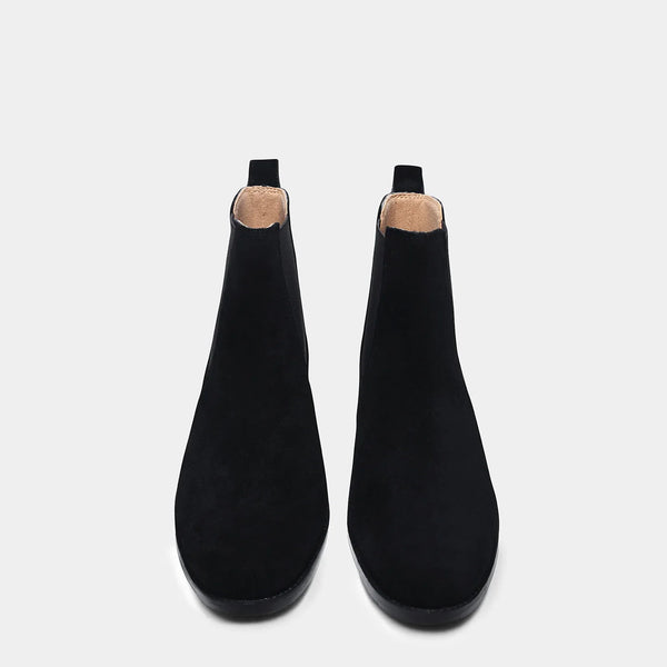 A men's luxury suede leather Chelsea boot with a cuban heel and elastic side panels, in a black color.