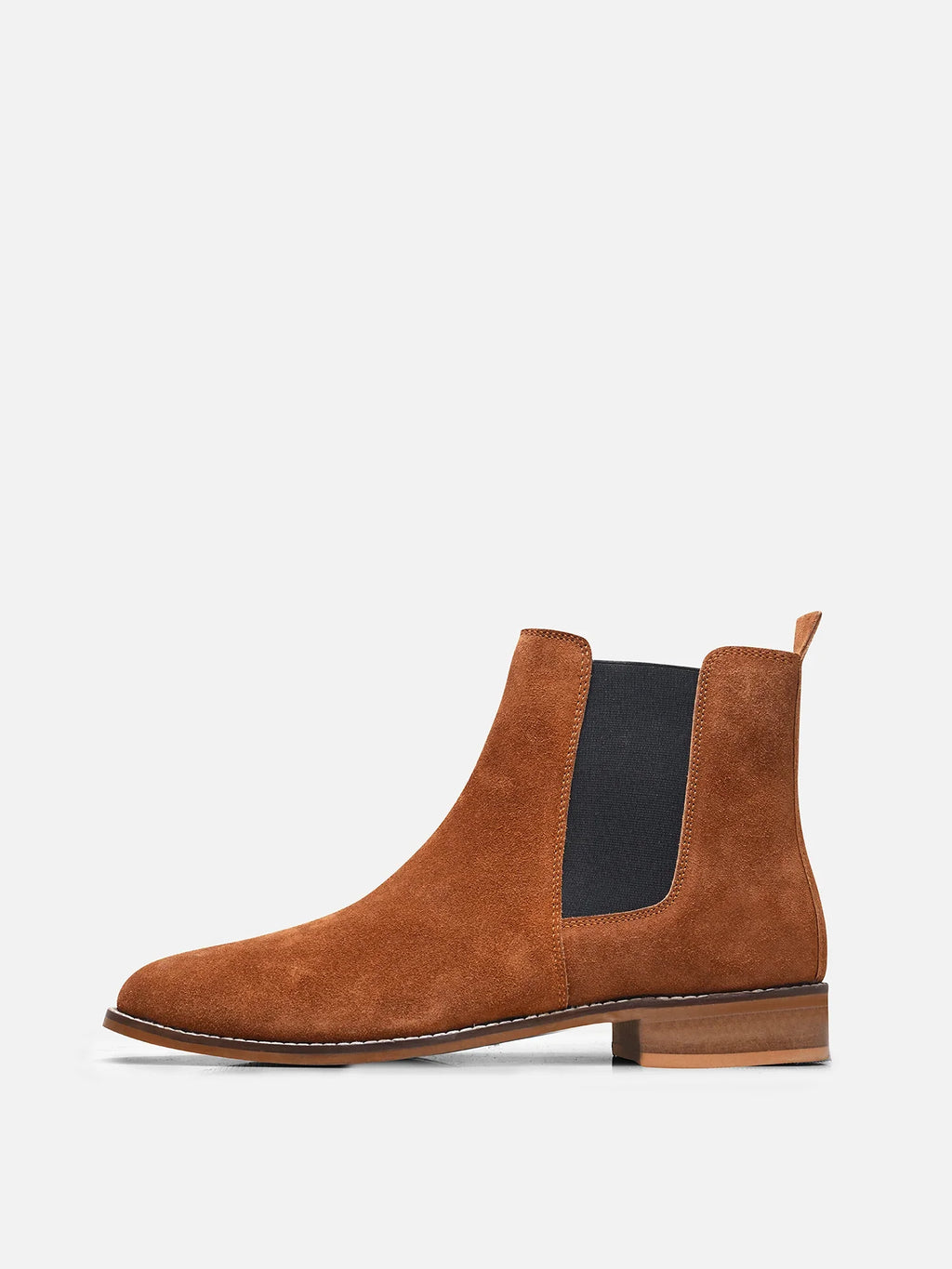 Preview of A men's luxury suede leather Chelsea boot with a mid heel and elastic side panels, in a tan color.