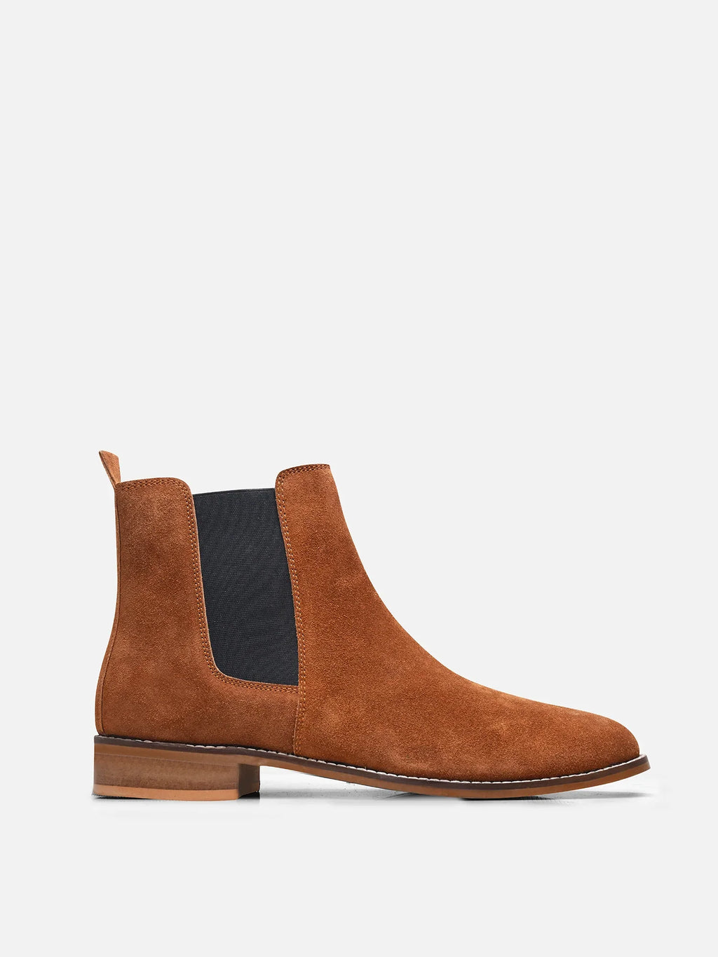 Preview of A men's luxury suede leather Chelsea boot with a mid heel and elastic side panels, in a tan color.