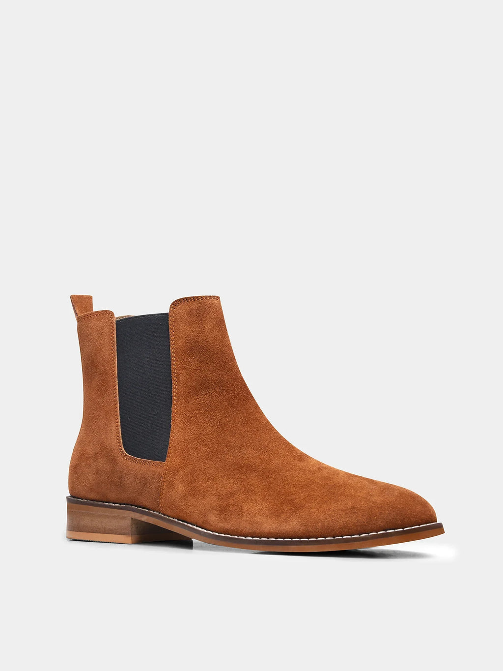Preview of A men's luxury suede leather Chelsea boot with a mid heel and elastic side panels, in a tan color.