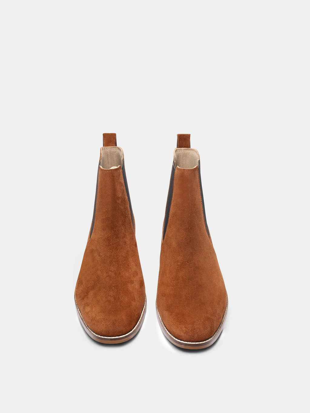 Preview of A men's luxury suede leather Chelsea boot with a mid heel and elastic side panels, in a tan color.