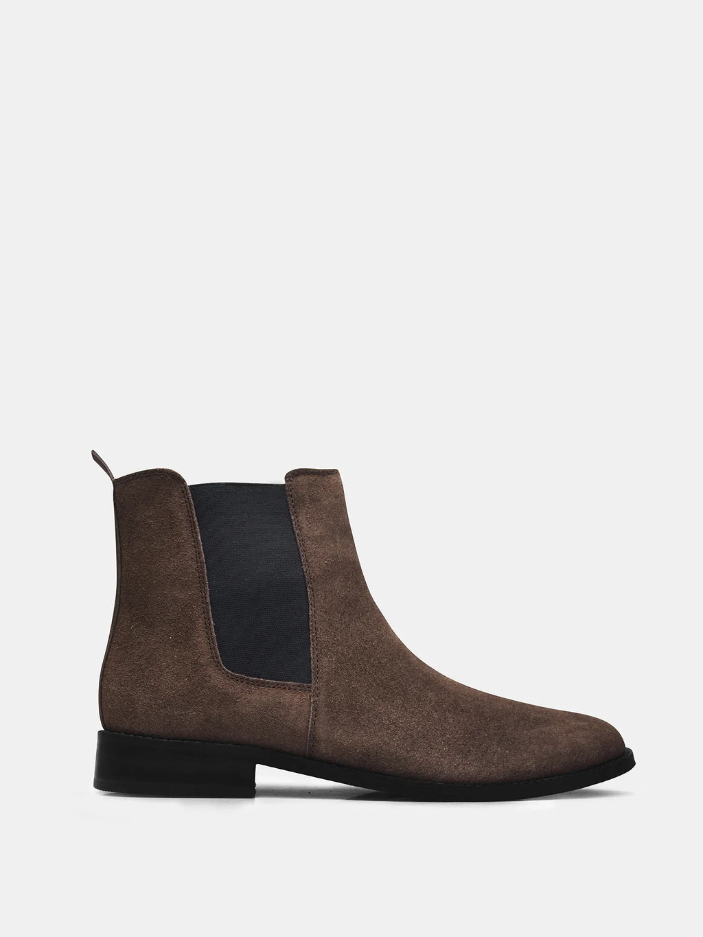 Preview of A men's luxury suede leather Chelsea boot with a mid heel and elastic side panels, in a brown color.