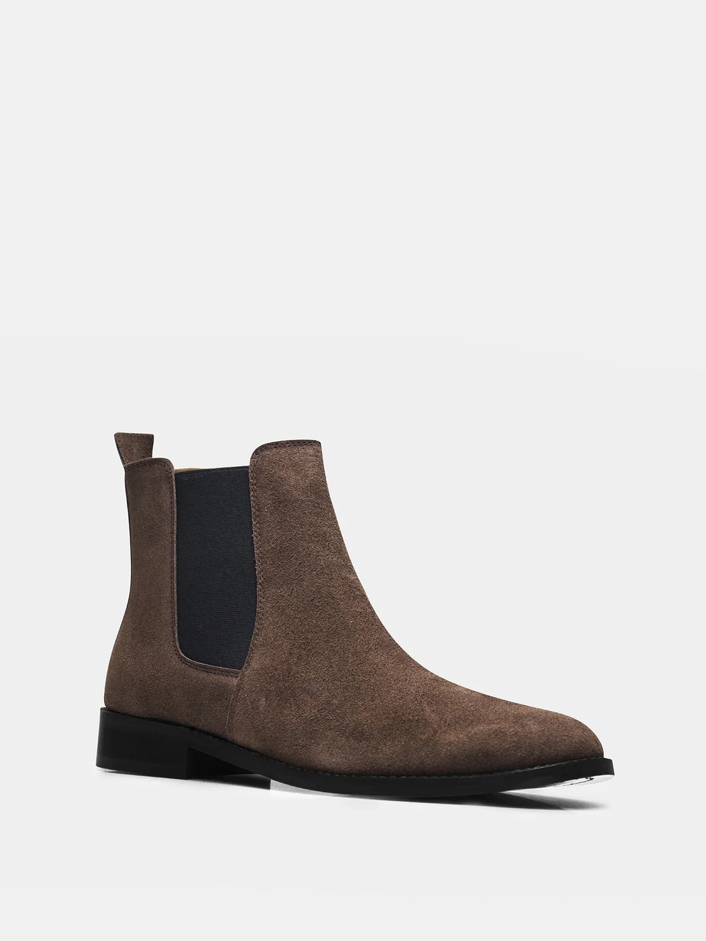 Preview of A men's luxury suede leather Chelsea boot with a mid heel and elastic side panels, in a brown color.