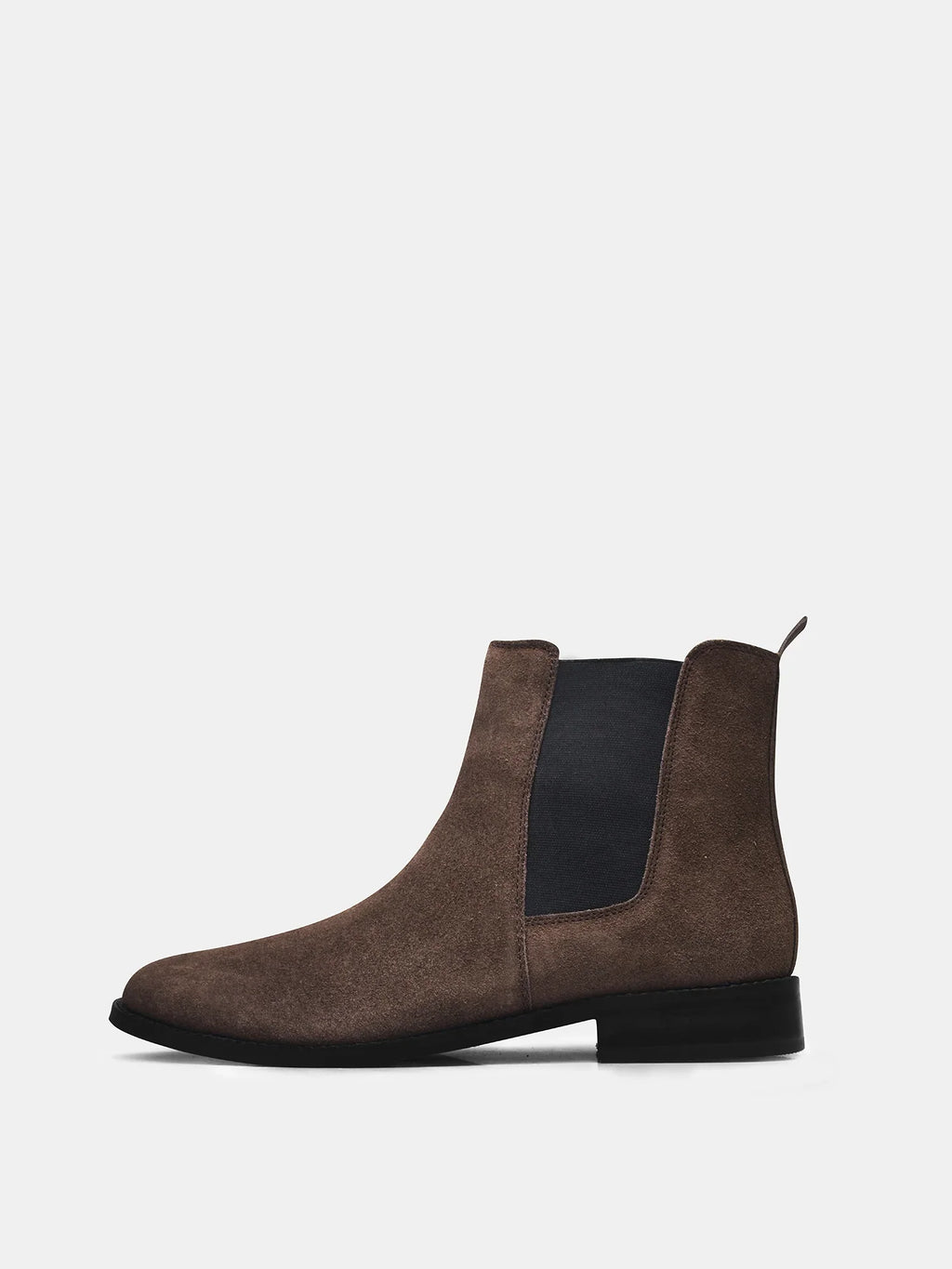 Preview of A men's luxury suede leather Chelsea boot with a mid heel and elastic side panels, in a brown color.