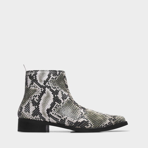 Python snake-patterned Chelsea boots with side zipper and mid heel