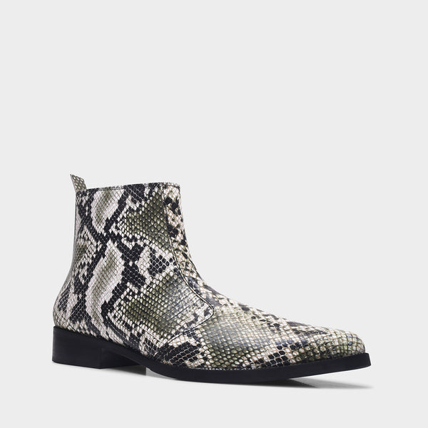 Python snake-patterned Chelsea boots with side zipper and mid heel