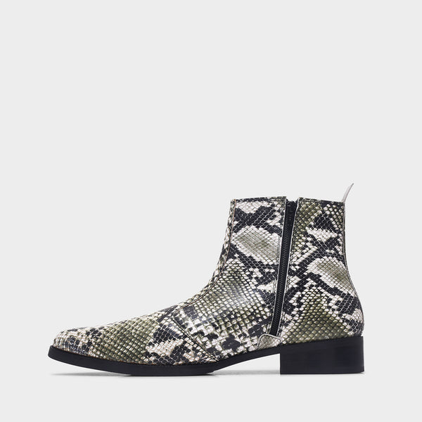 Python snake-patterned Chelsea boots with side zipper and mid heel