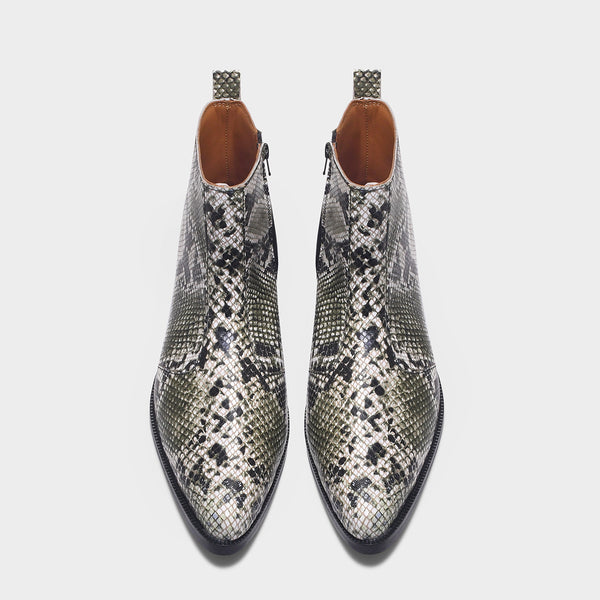 Python snake-patterned Chelsea boots with side zipper and mid heel