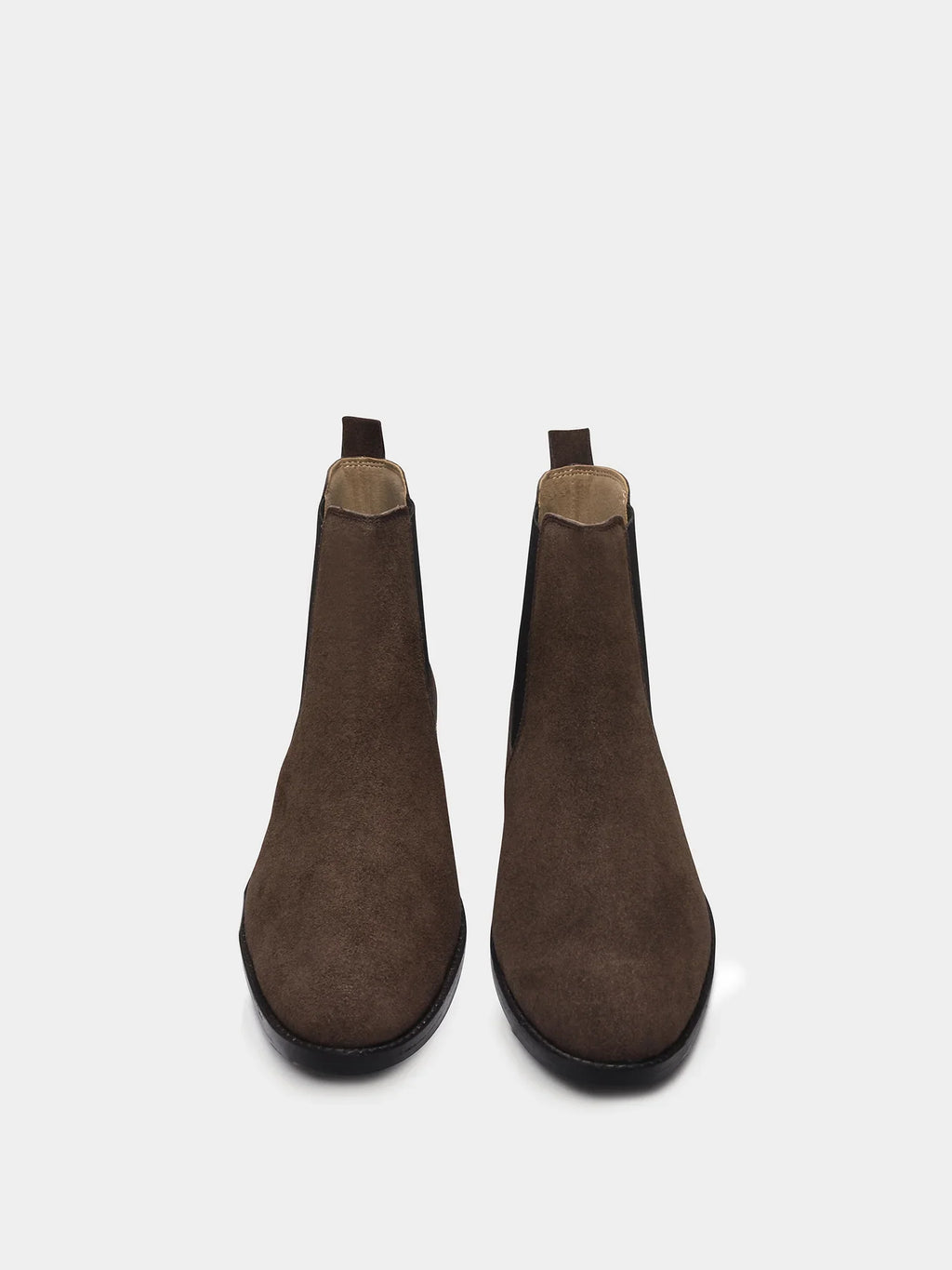 Preview of A men's luxury suede leather Chelsea boot with a mid heel and elastic side panels, in a brown color.