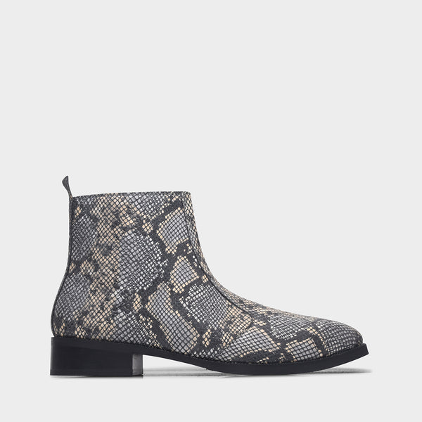 Python snake-patterned Chelsea boots with side zipper and mid heel