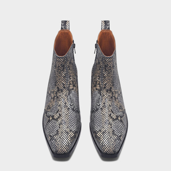 Python snake-patterned Chelsea boots with side zipper and mid heel