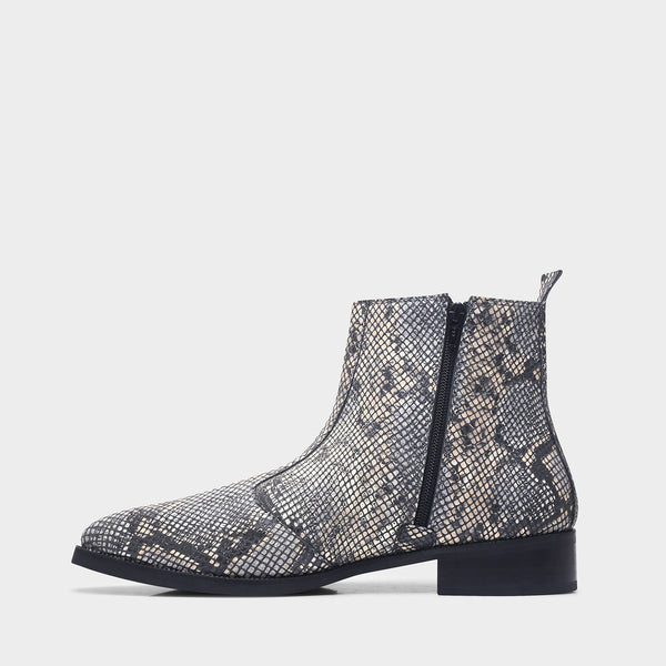 Python snake-patterned Chelsea boots with side zipper and mid heel