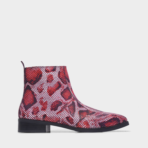 Red snake patterned  Chelsea boots with side zipper and mid heel