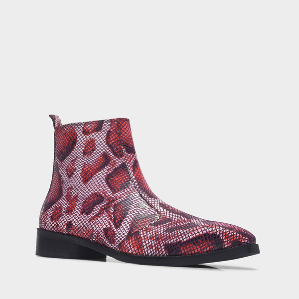 Red snake patterned  Chelsea boots with side zipper and mid heel