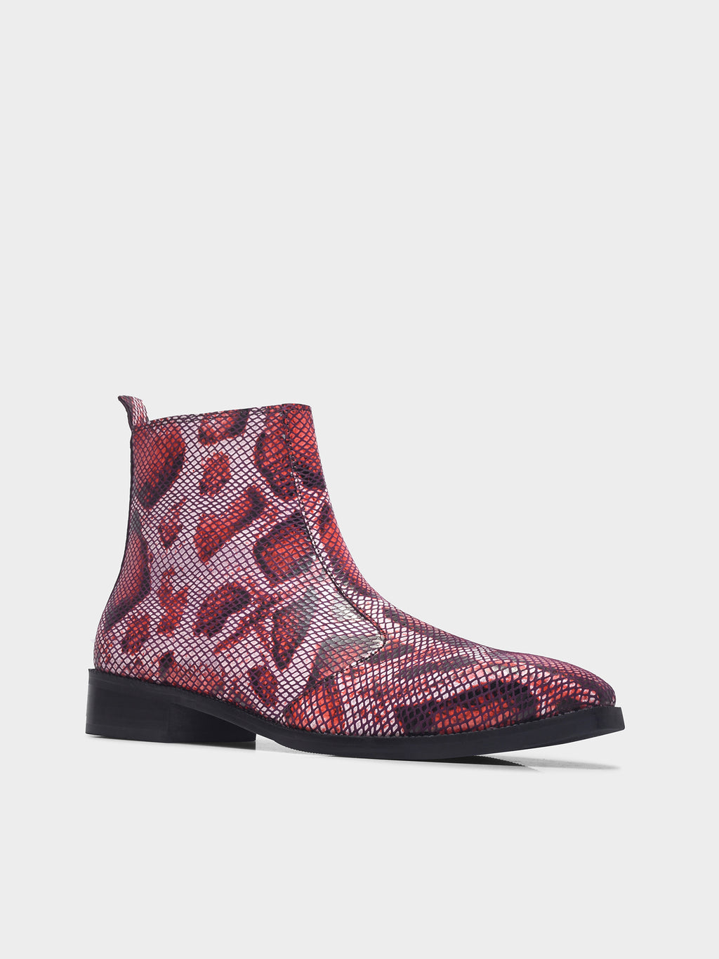 Preview of Red snake patterned  Chelsea boots with side zipper and mid heel