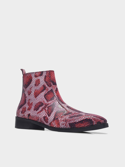 Red snake patterned  Chelsea boots with side zipper and mid heel