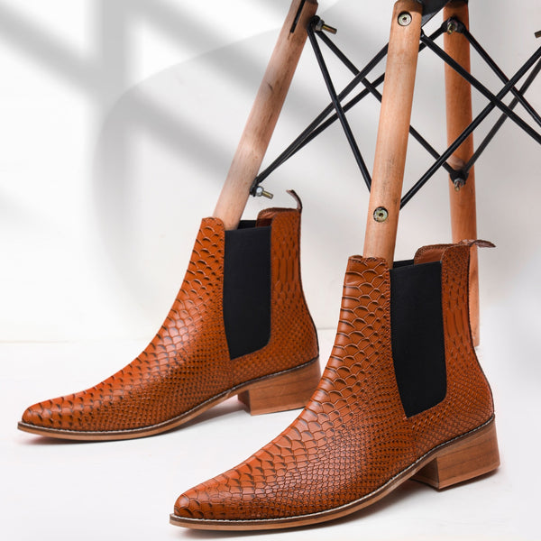 Textured Leather Chelsea Boots in Tan