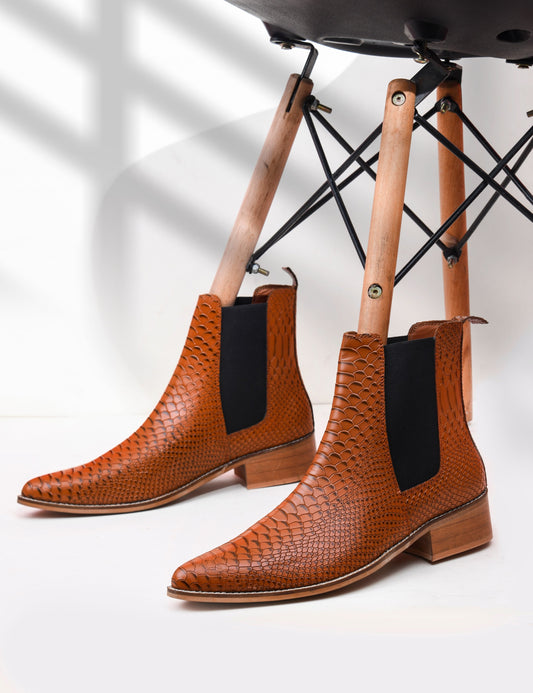 Albino – Men’s Luxury Tan Python Pattern Leather Chelsea Boots | RNK Luxe