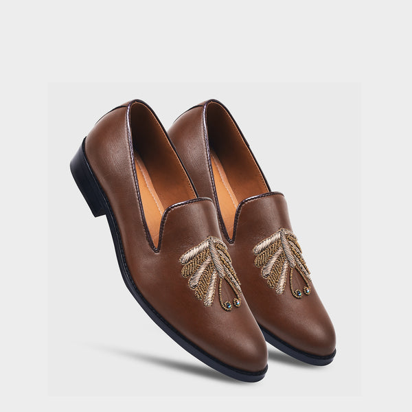 Brown Zardozi Work Leather Loafers Mojari Slip-ons