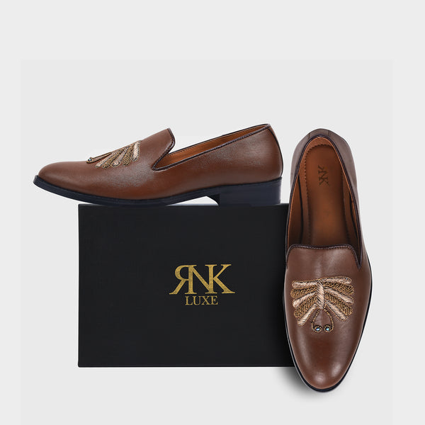 Brown Zardozi Work Leather Loafers Mojari Slip-ons