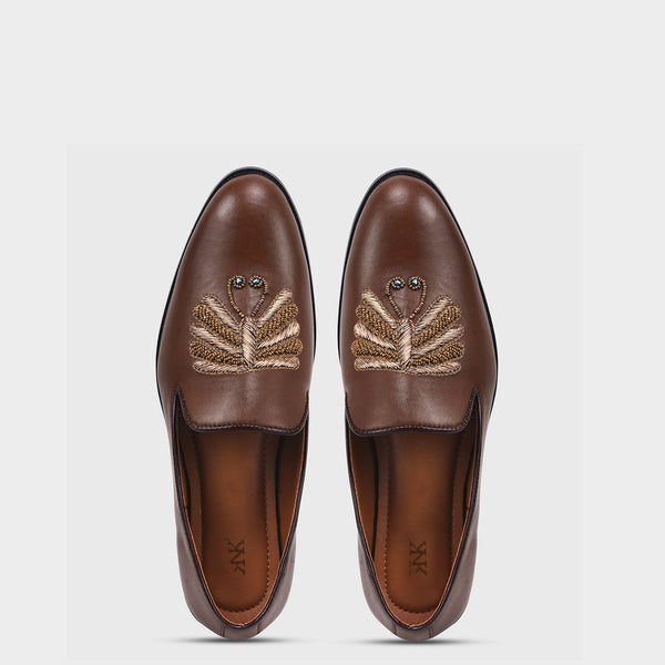 Brown Zardozi Work Leather Loafers Mojari Slip-ons