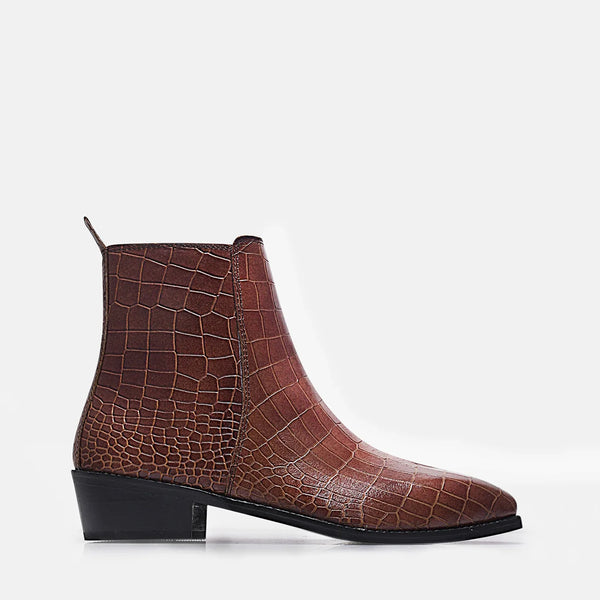 Tan colour crocodile textured leather boots with side zip on a Cuban heel