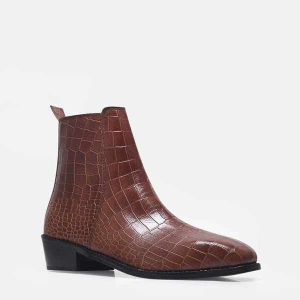 Tan colour crocodile textured leather boots with side zip on a Cuban heel