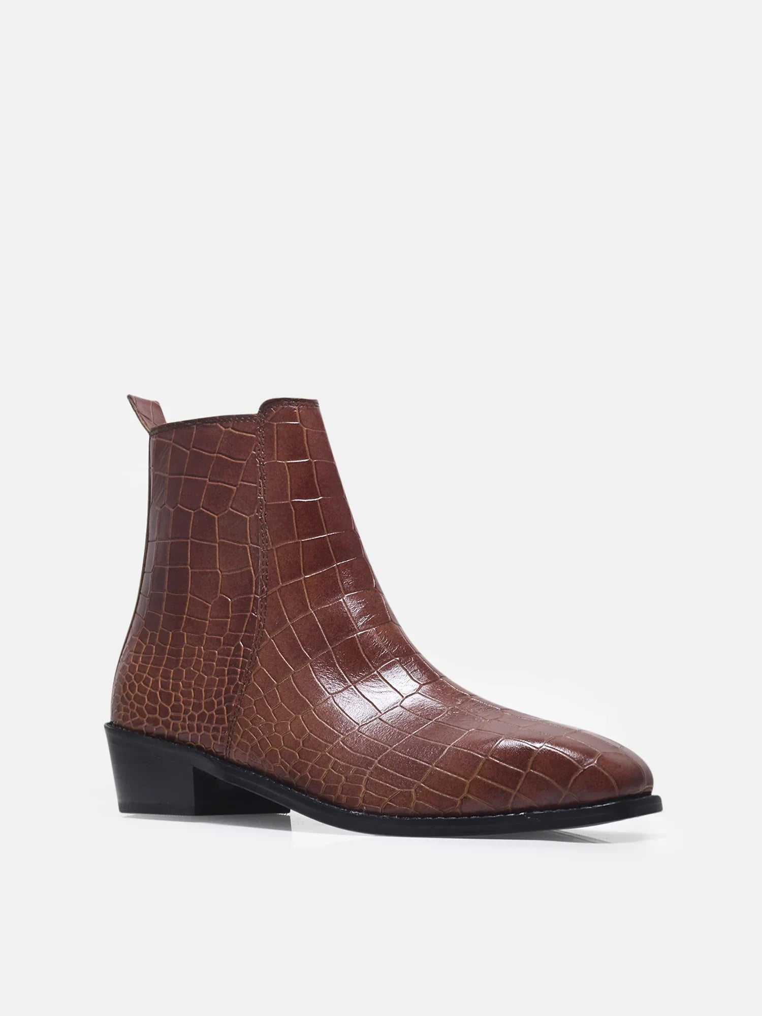 Tan colour crocodile textured leather boots with side zip on a Cuban heel
