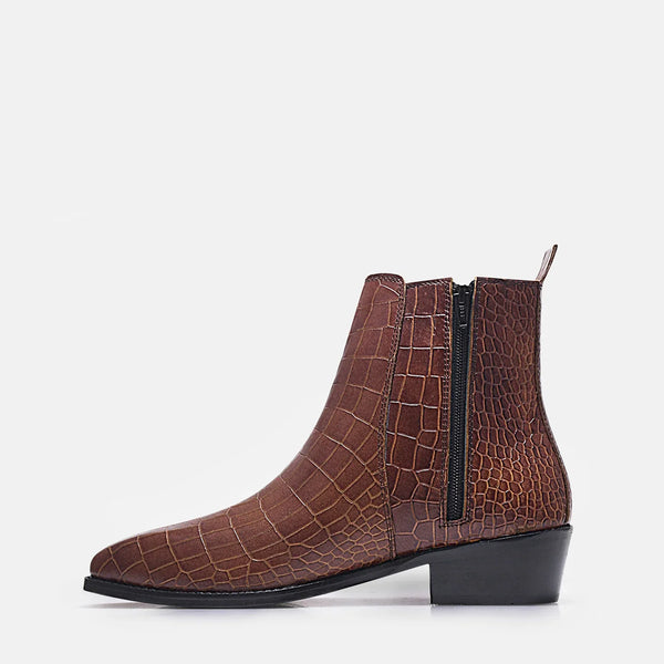Tan colour crocodile textured leather boots with side zip on a Cuban heel