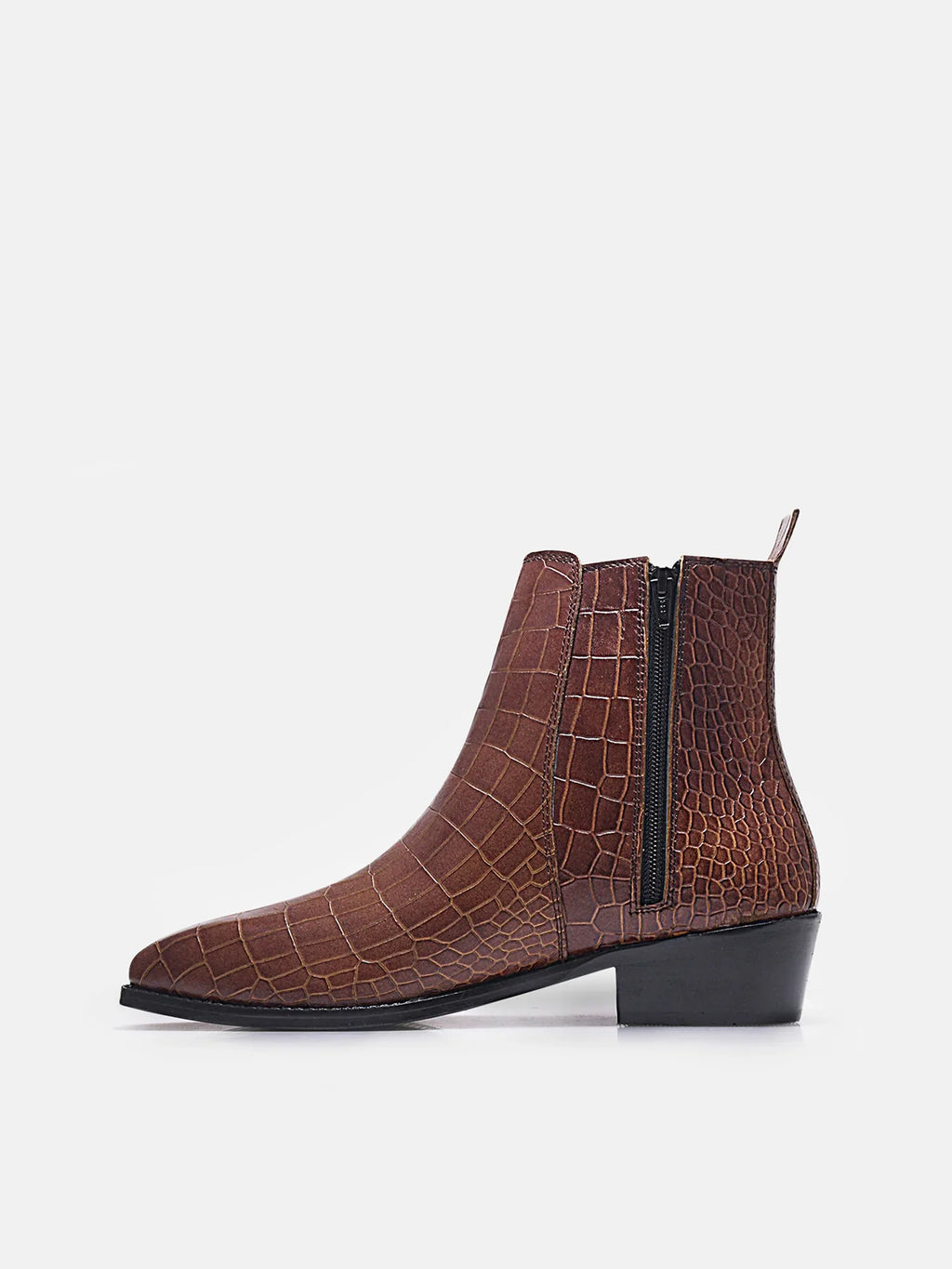 Preview of Tan colour crocodile textured leather boots with side zip on a Cuban heel