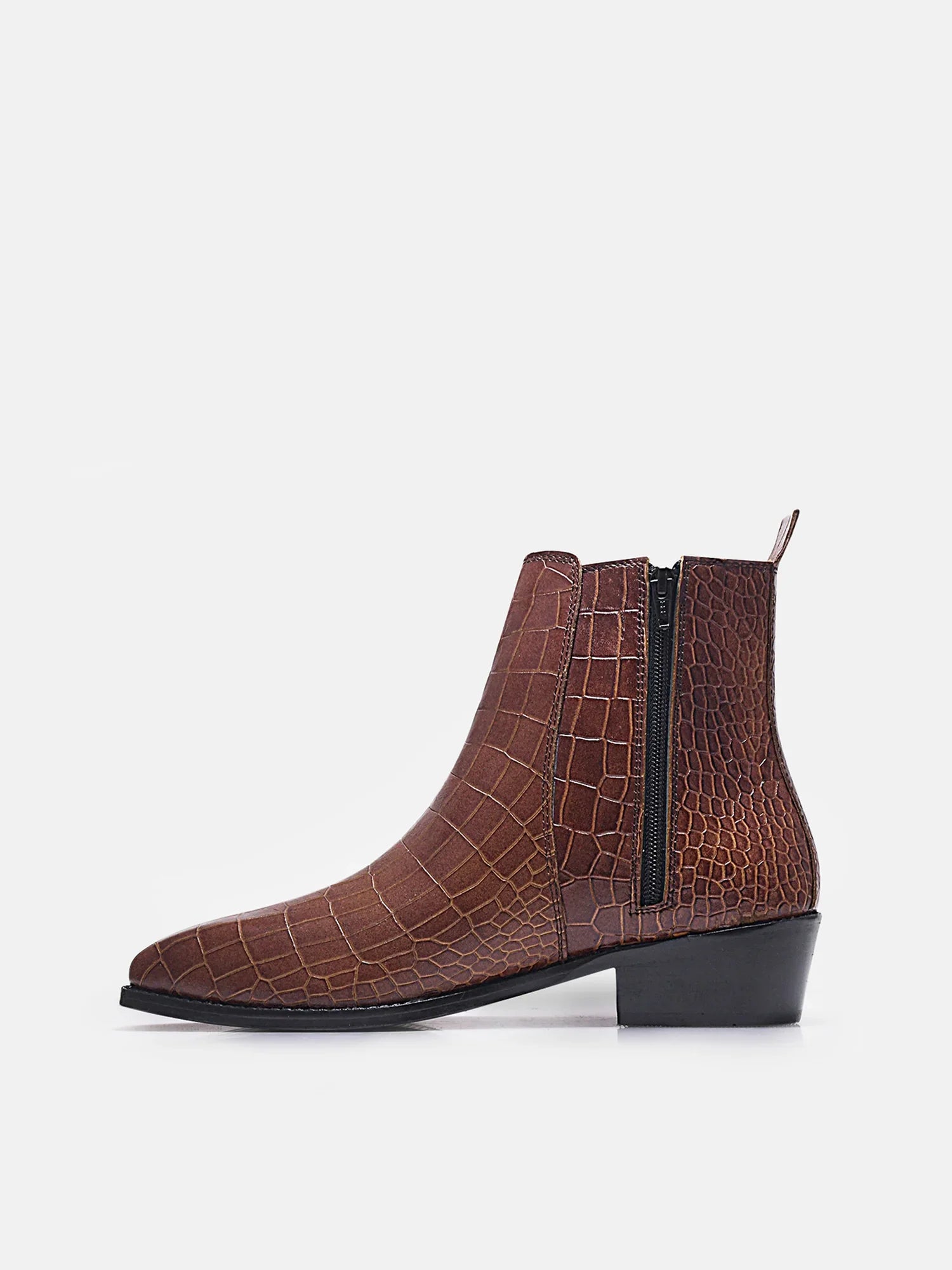 Tan colour crocodile textured leather boots with side zip on a Cuban heel