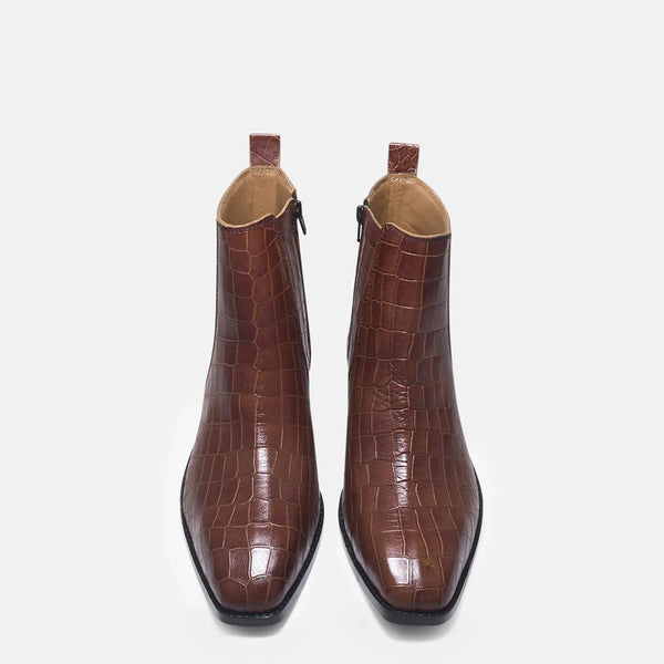 Tan colour crocodile textured leather boots with side zip on a Cuban heel