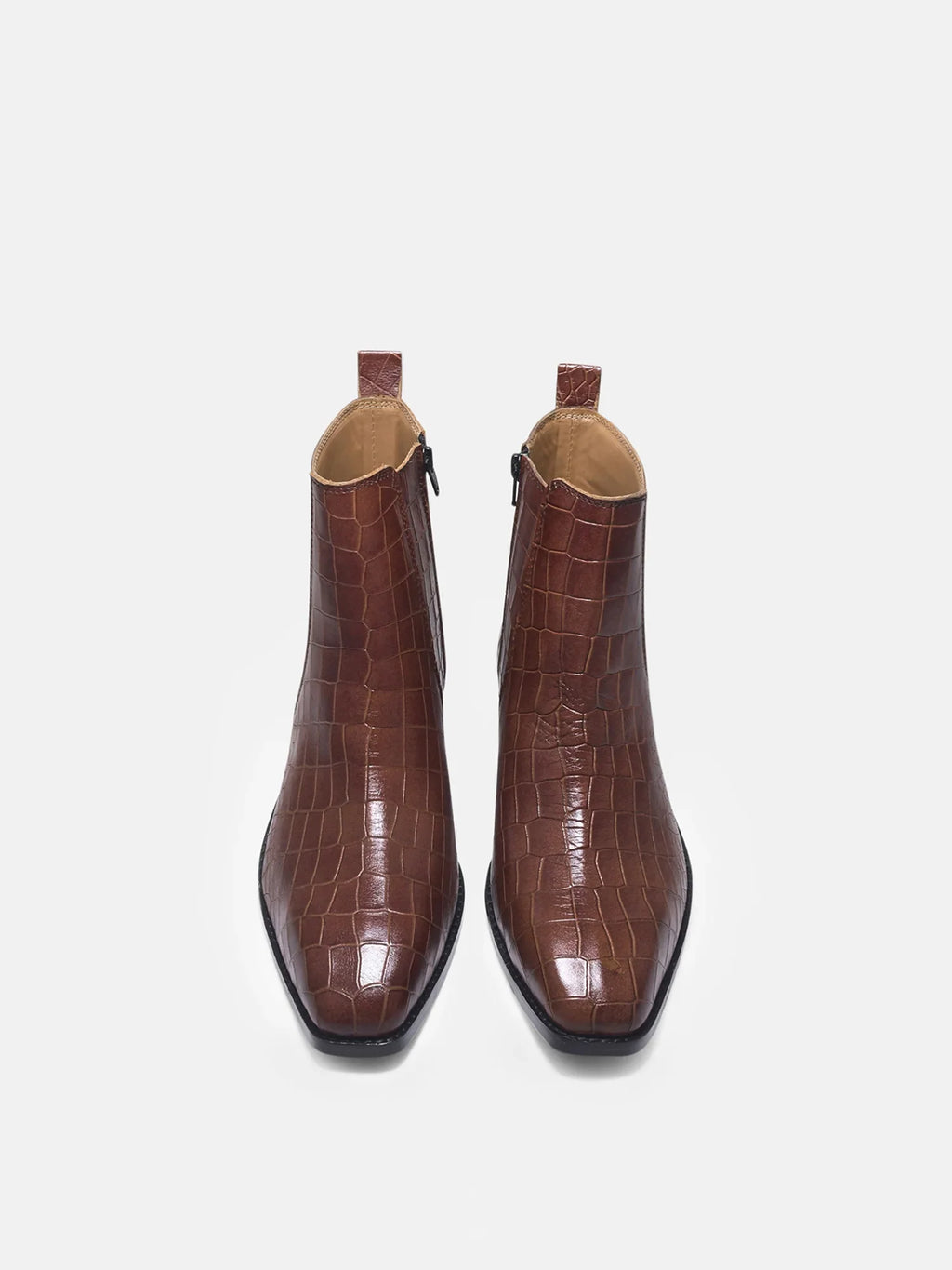 Preview of Tan colour crocodile textured leather boots with side zip on a Cuban heel