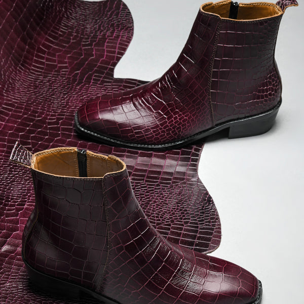 Leonardo Croco Bergundy - Men's Side Zip Leather Boots (Cuban Heel)