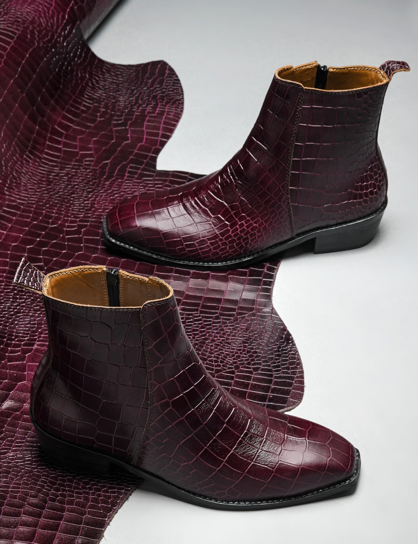 Leonardo Croco Bergundy - Men's Side Zip Leather Boots (Cuban Heel)