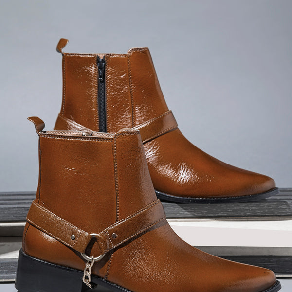 RNK Luxe Logan men's tan leather boots with gold chain detail and Cuban heel, pointed toe handcrafted luxury footwear