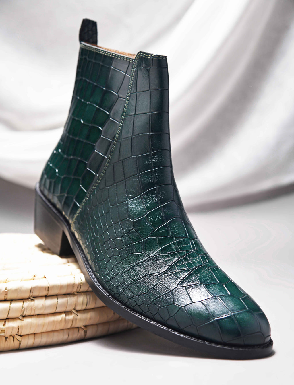 Preview of Green colour croco pattern leather boot with side zip and mid heel